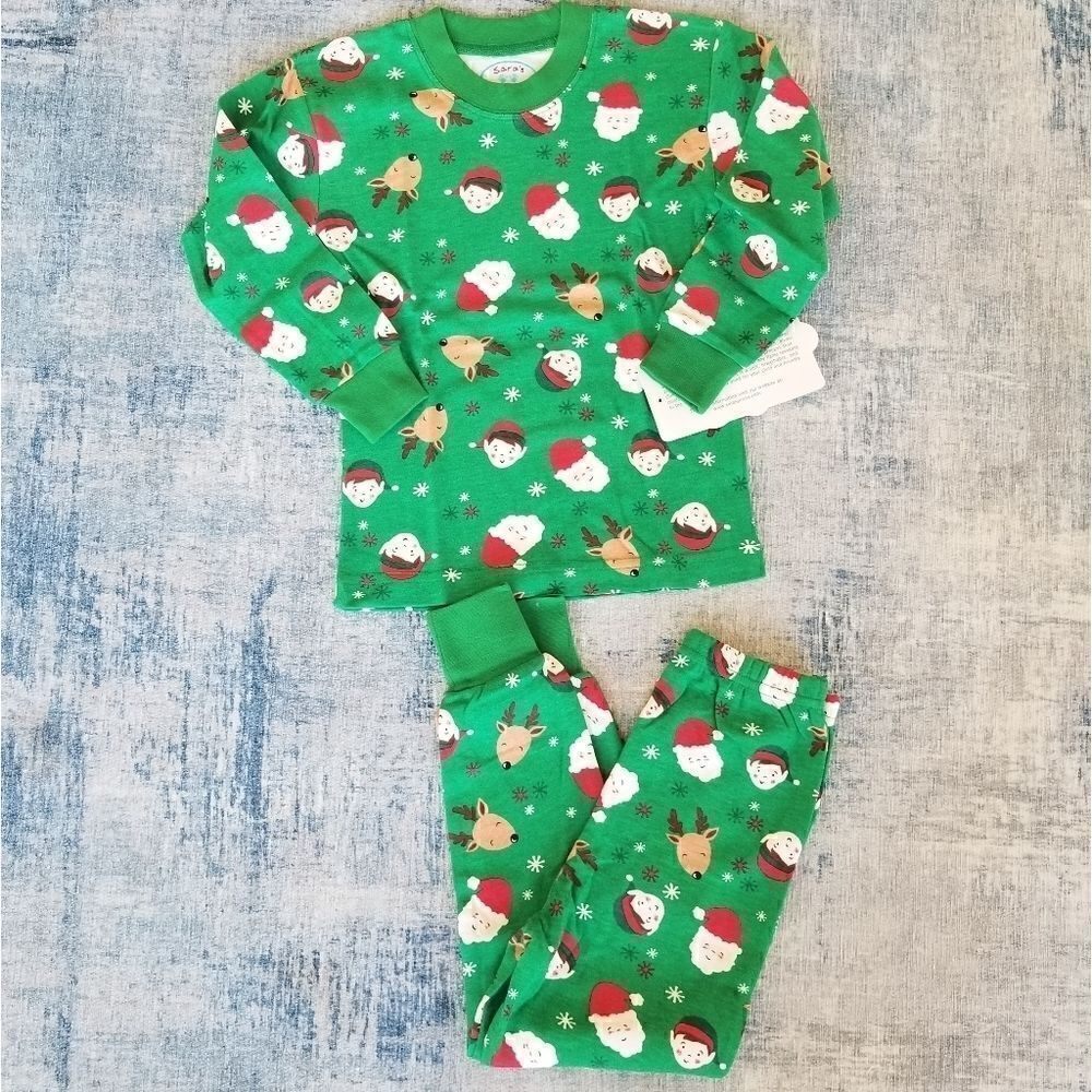 NWT! Kids Pajama Set from Sara's Prints Santa Elf Reindeer Christmas Green 3T